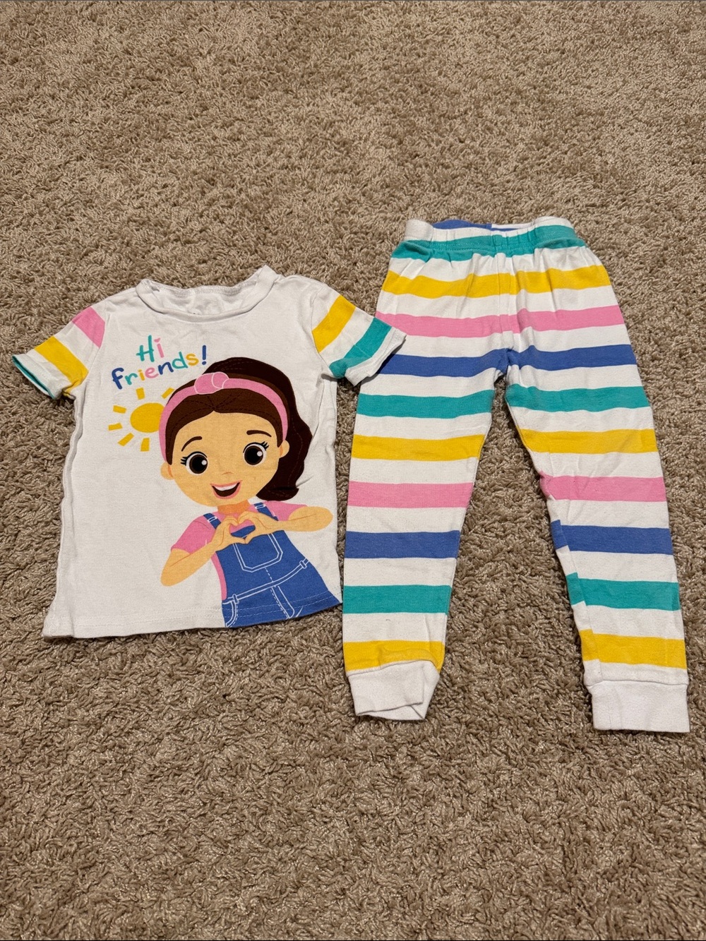 Girls White Pajama Set with Colorful Striped Pants